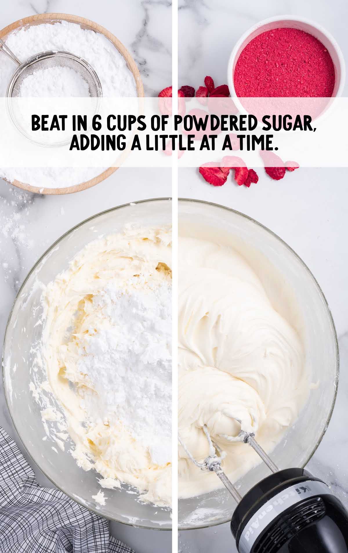powder sugar blended into the cream cheese mixture in a bowl