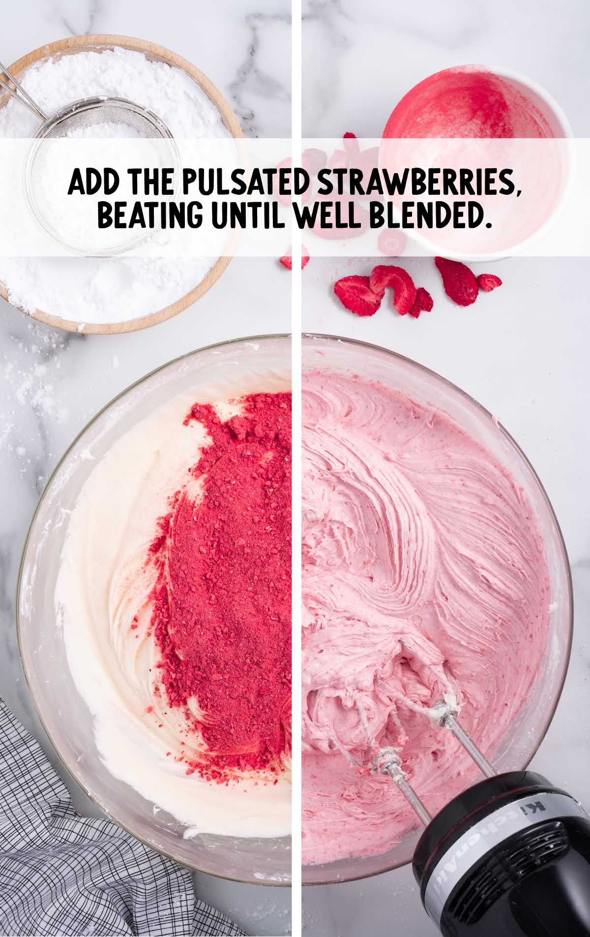 pulsed strawberries blended into the cream cheese mixture in a bowl