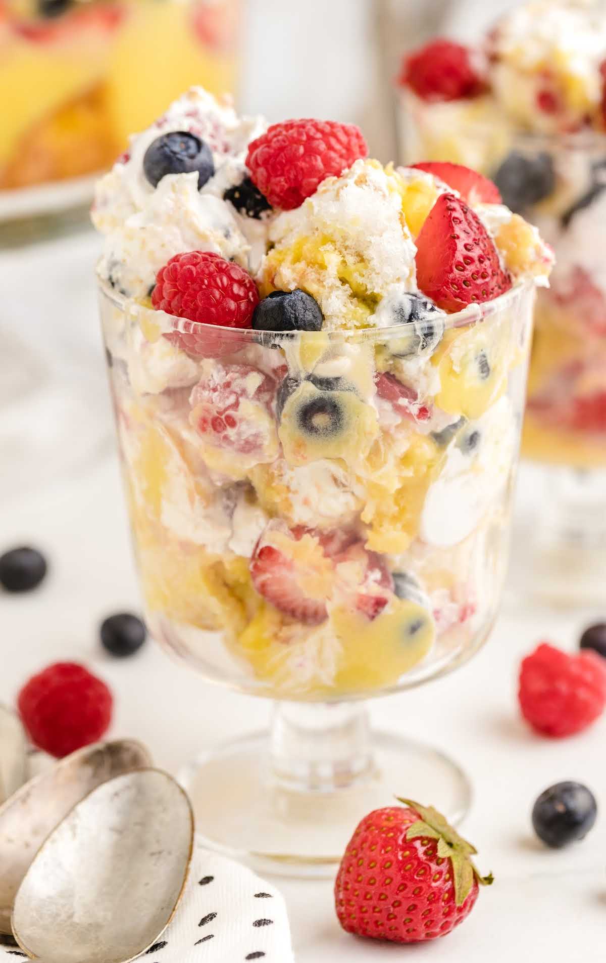 close up shot of vanilla trifle in a clear cup