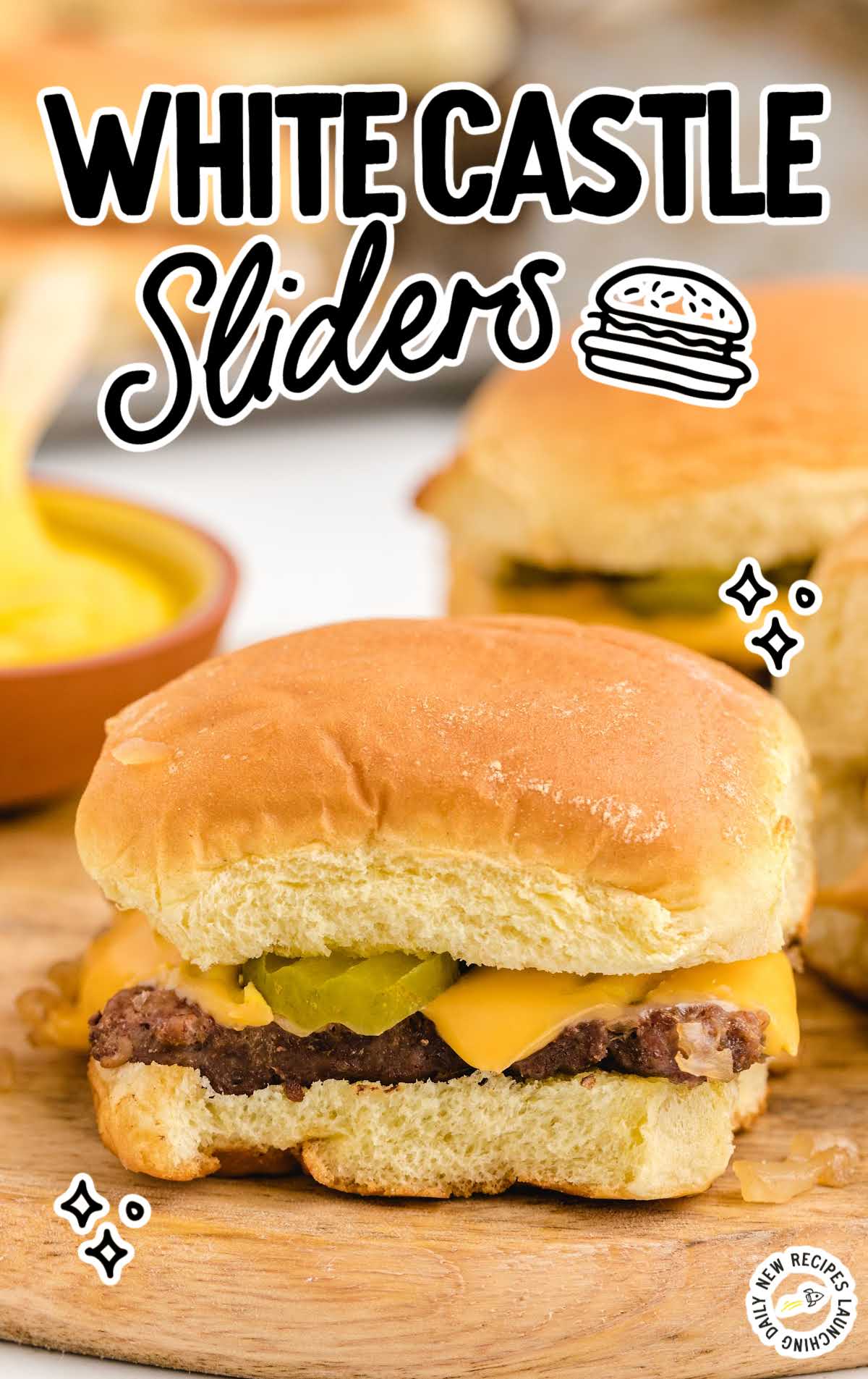 a White Castle slider on a wooden board