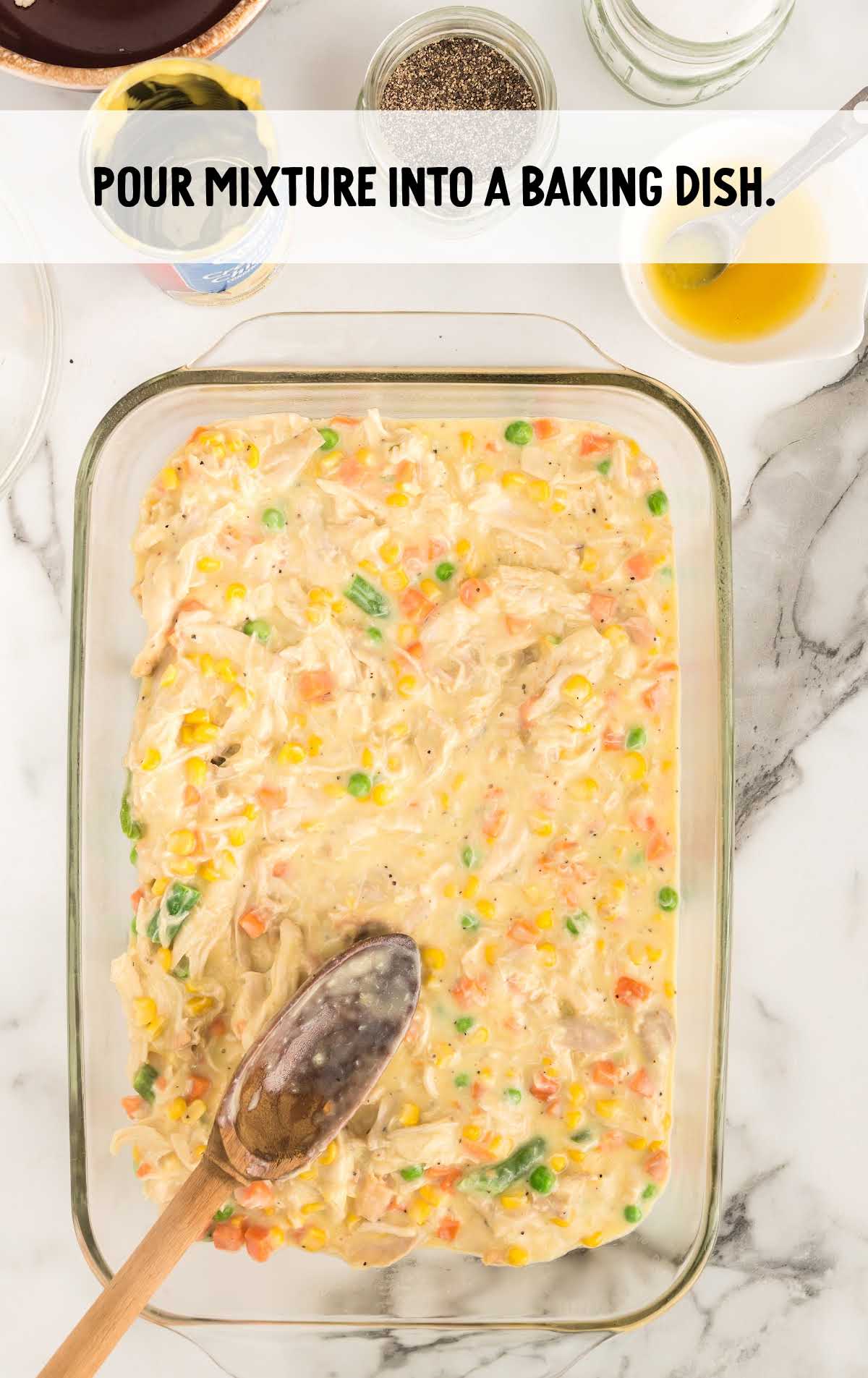 chicken mixture poured into a baking dish