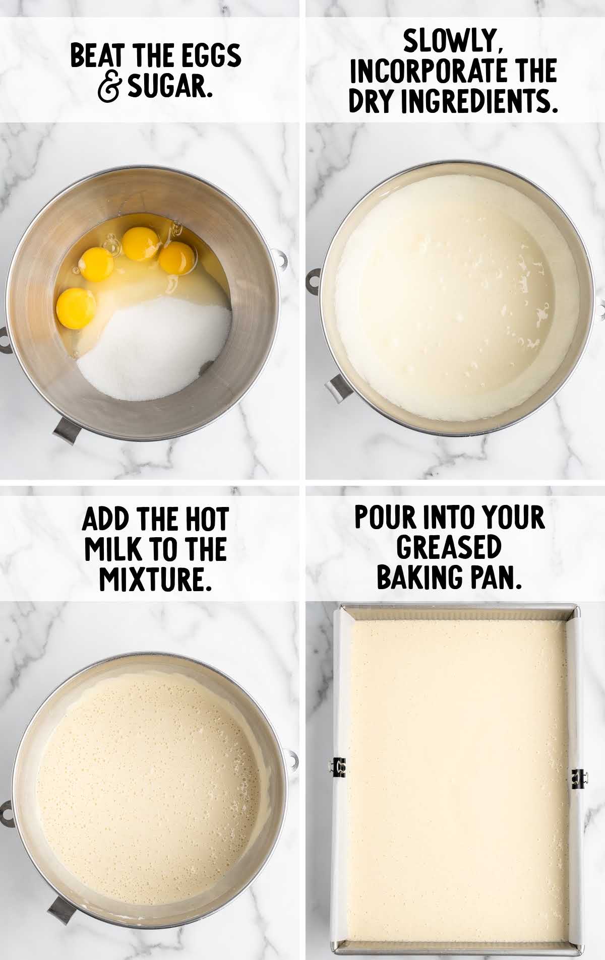 Step-by-step process showing mixing the batter and preparing hot milk cake for baking.