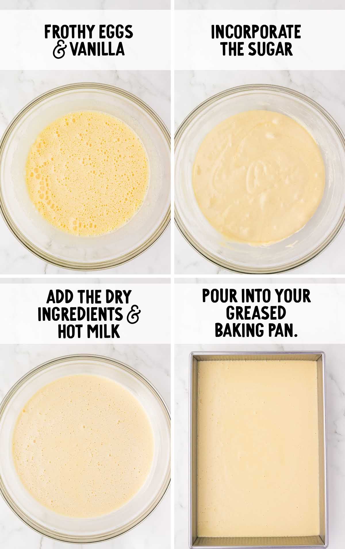 Four-step image collage showing how to make hot milk cake—from whisking eggs and sugar to adding dry ingredients and pouring batter into a pan.
