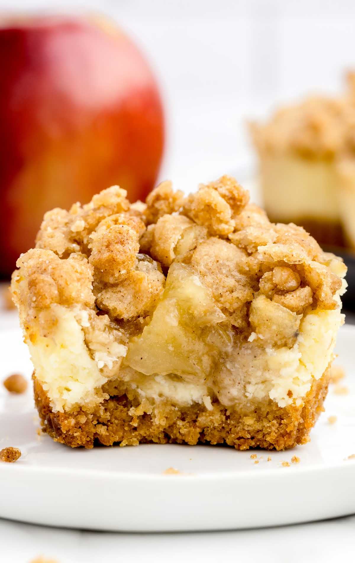 close up shot of a plate of a mini apple cheesecake