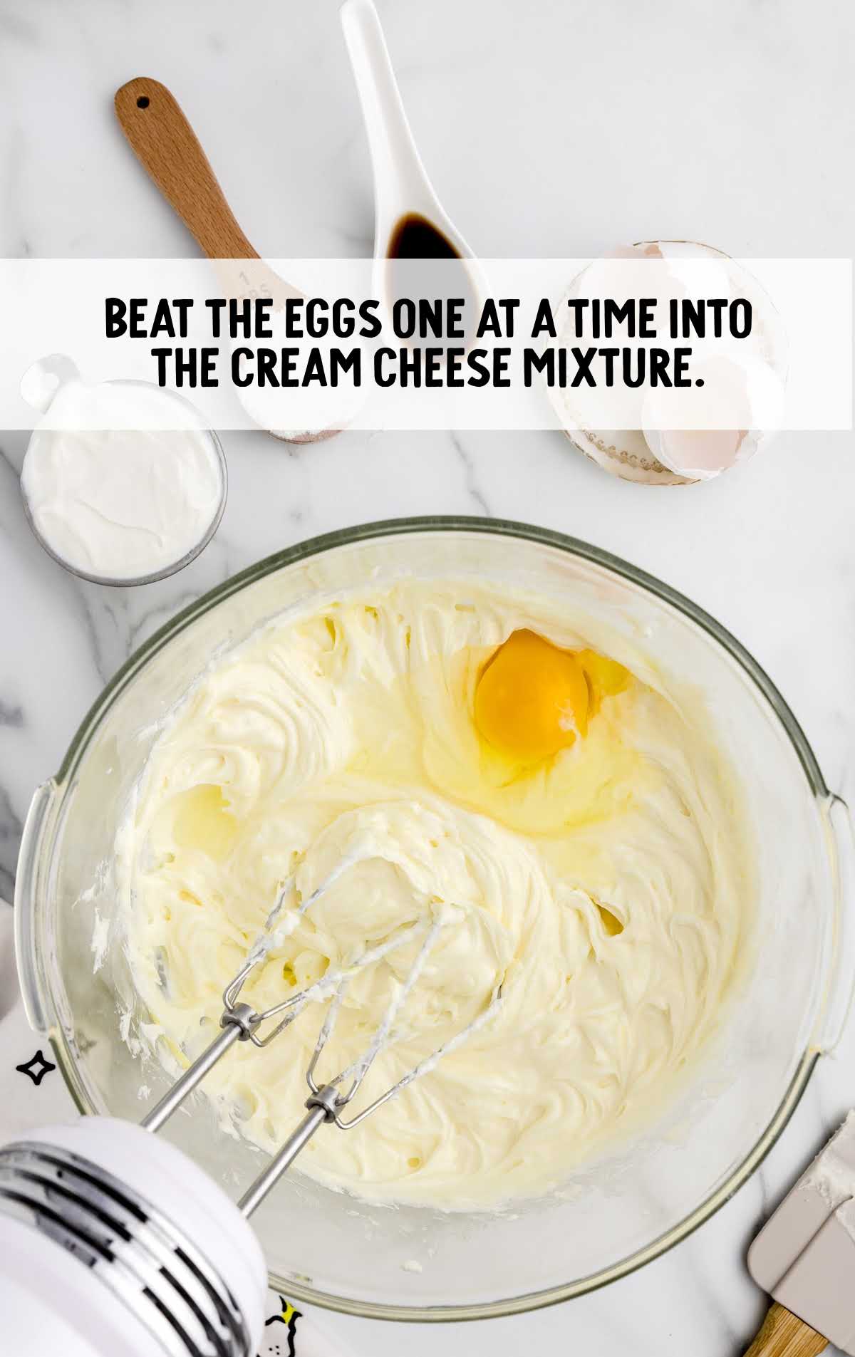 eggs blended into the cream cheese mixture