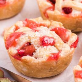 close up shot of Mini Rhubarb and Strawberry Pies