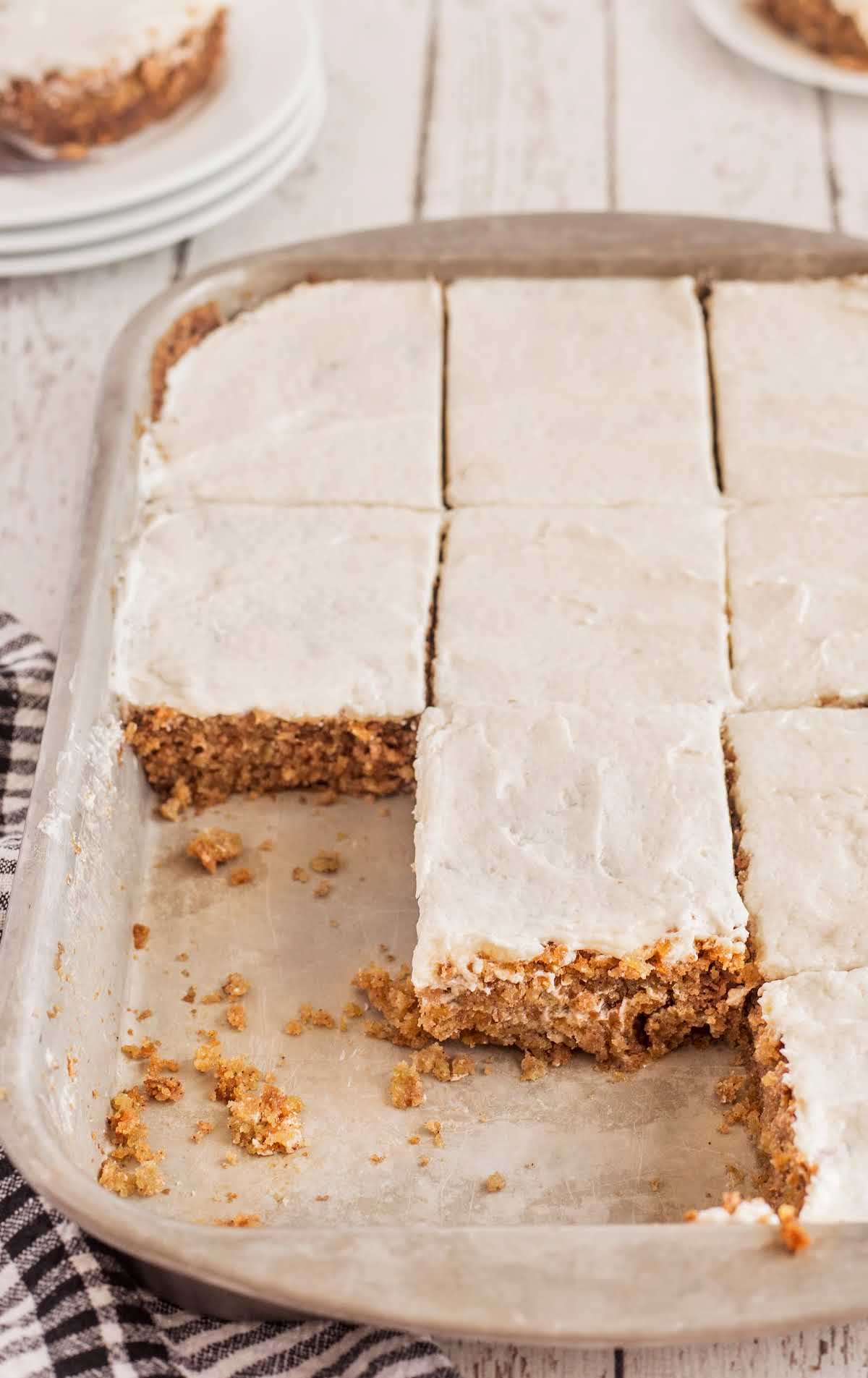 close up shot of oatmeal cake in a baking dish