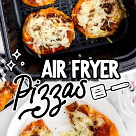 Air Fryer Pizzas on a air fryer and slices of Air Fryer Pizzas on a plate