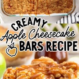 overhead shot of Apple Cheesecake Bars being poured with caramel sauce in a baking dish and a close up shot of a slice of Apple Cheesecake Bar on a plate
