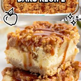overhead shot of Apple Cheesecake Bars in a baking dish and a close up shot of slices of Apple Cheesecake Bars stacked on top of each other