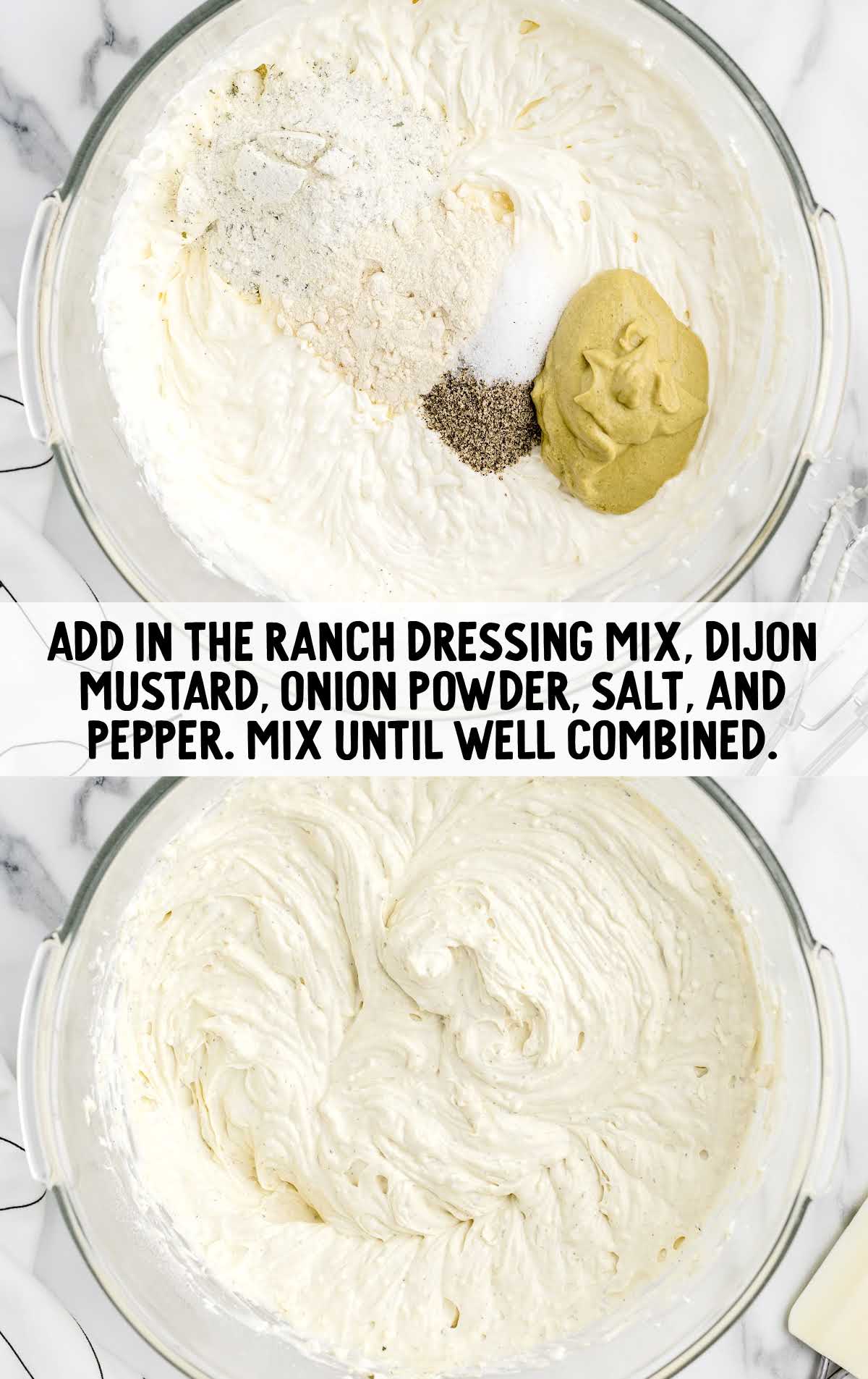 ranch dressing mix, dijon mustard, onion powder, salt, and pepper mixed together in a bowl