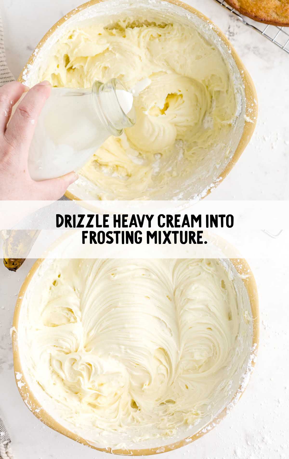 heavy cream drizzled into the frosting mixture in a bowl