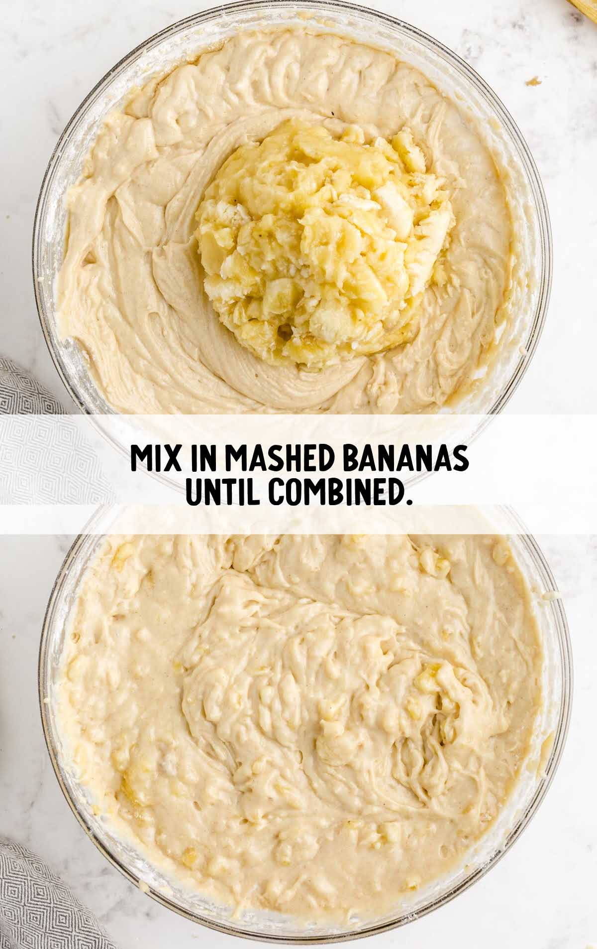 mashed bananas combined into the buttermilk and flour mixture in a bowl