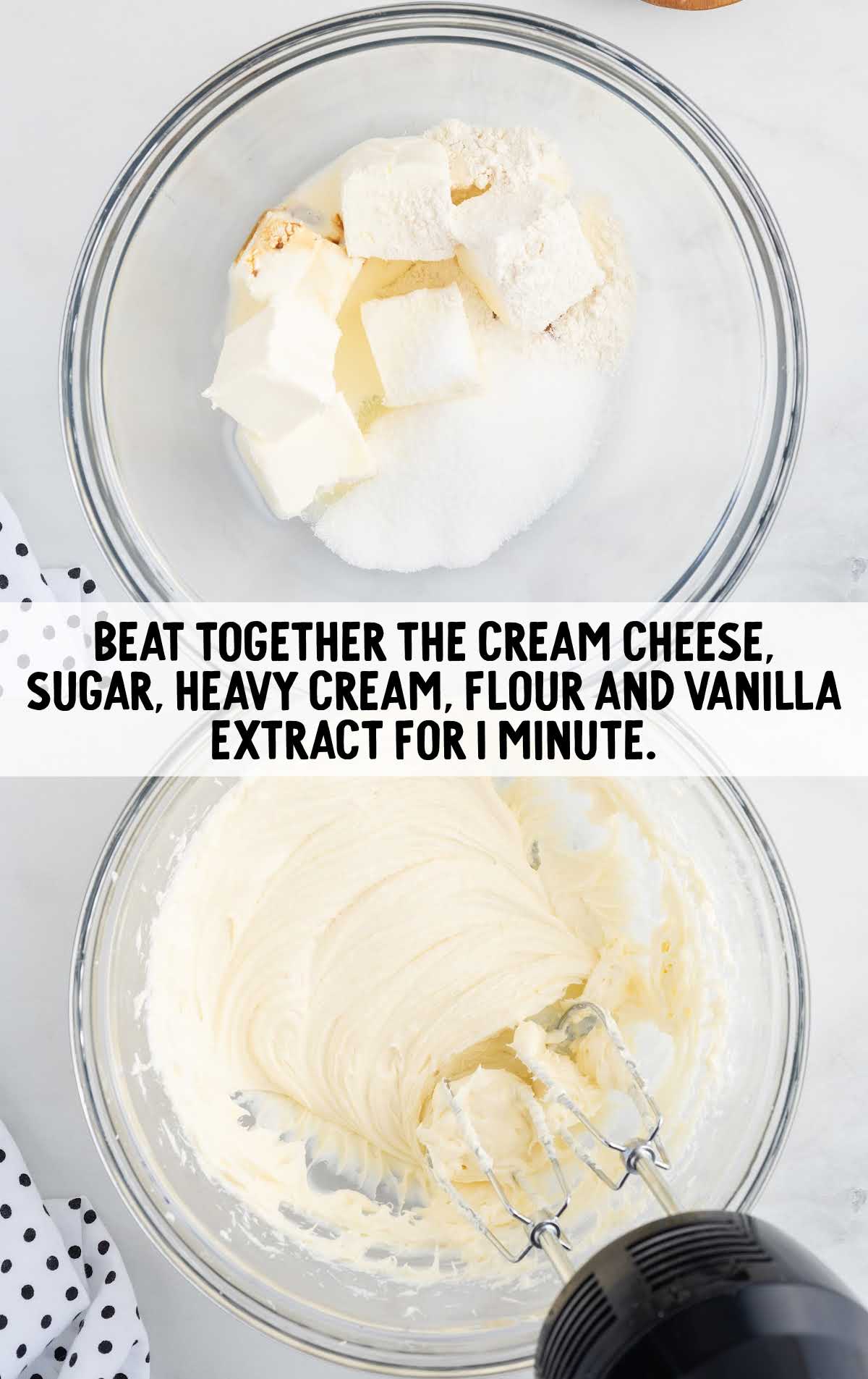 cream cheese, sugar, heavy cream, flour and vanilla in a bowl and then blended together in a bowl