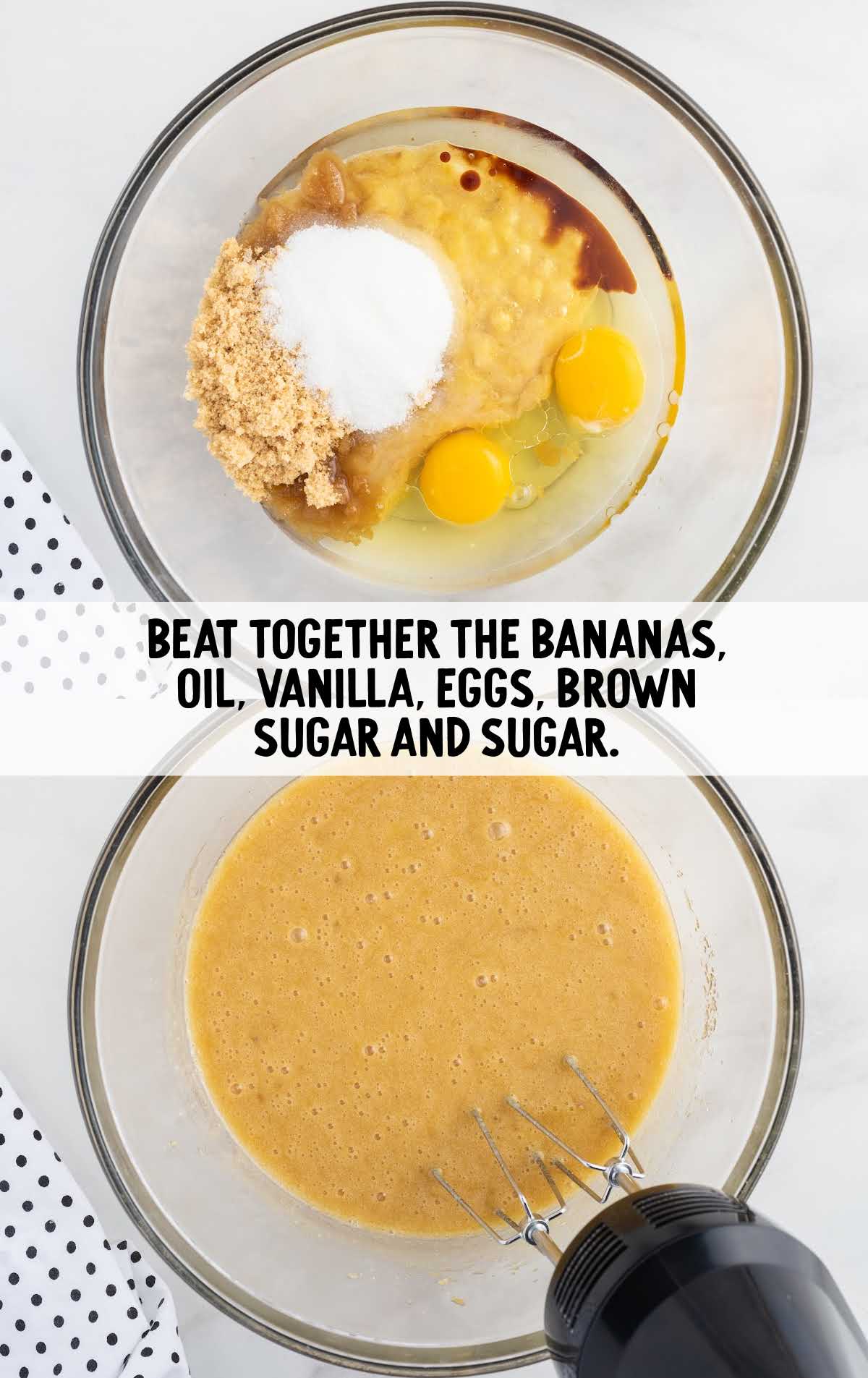 banana, oil, vanilla, eggs, brown sugar and sugar in a bowl and then blended together in a bowl