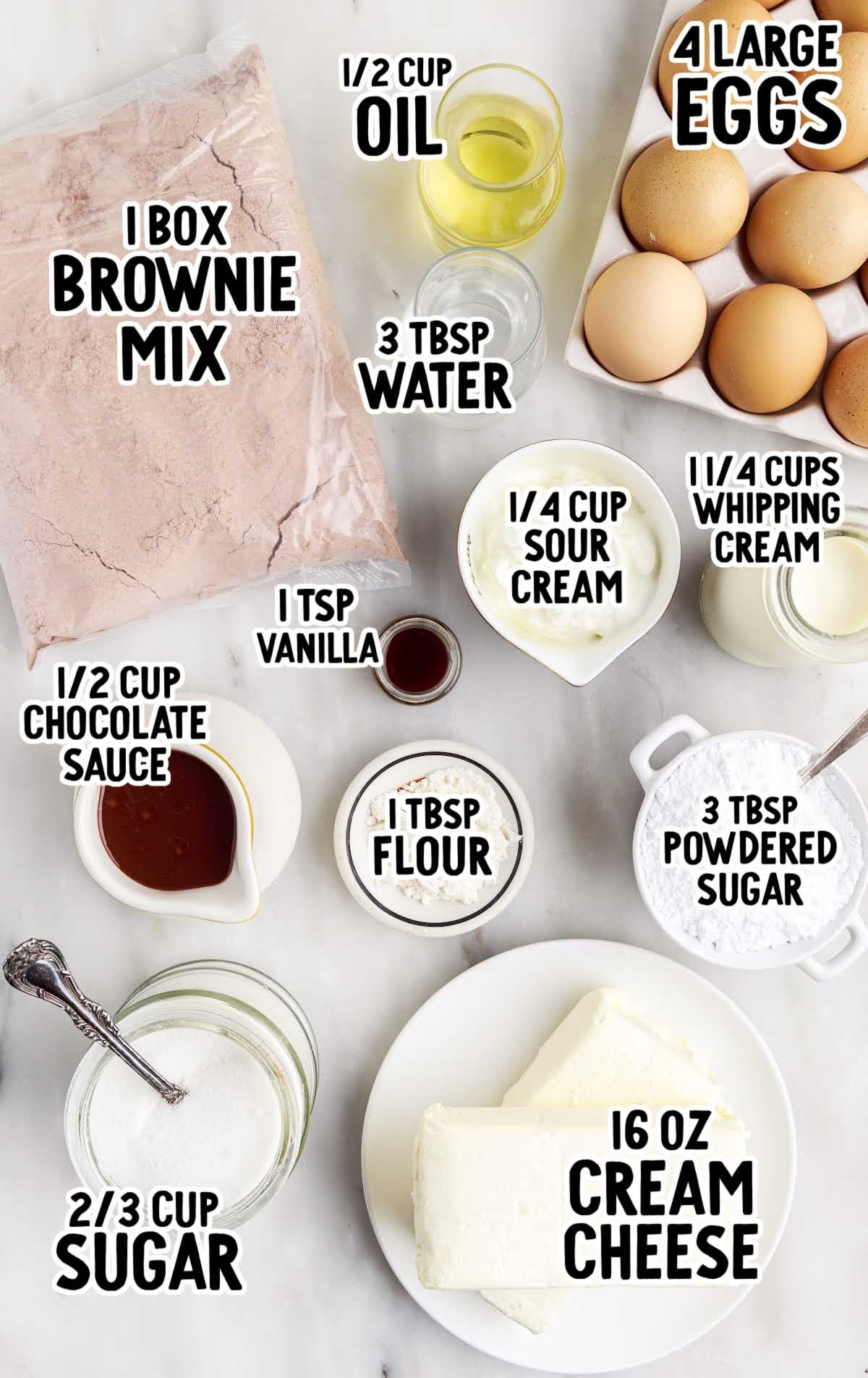 Brownie Bottom Cheesecake raw ingredients that are labeled