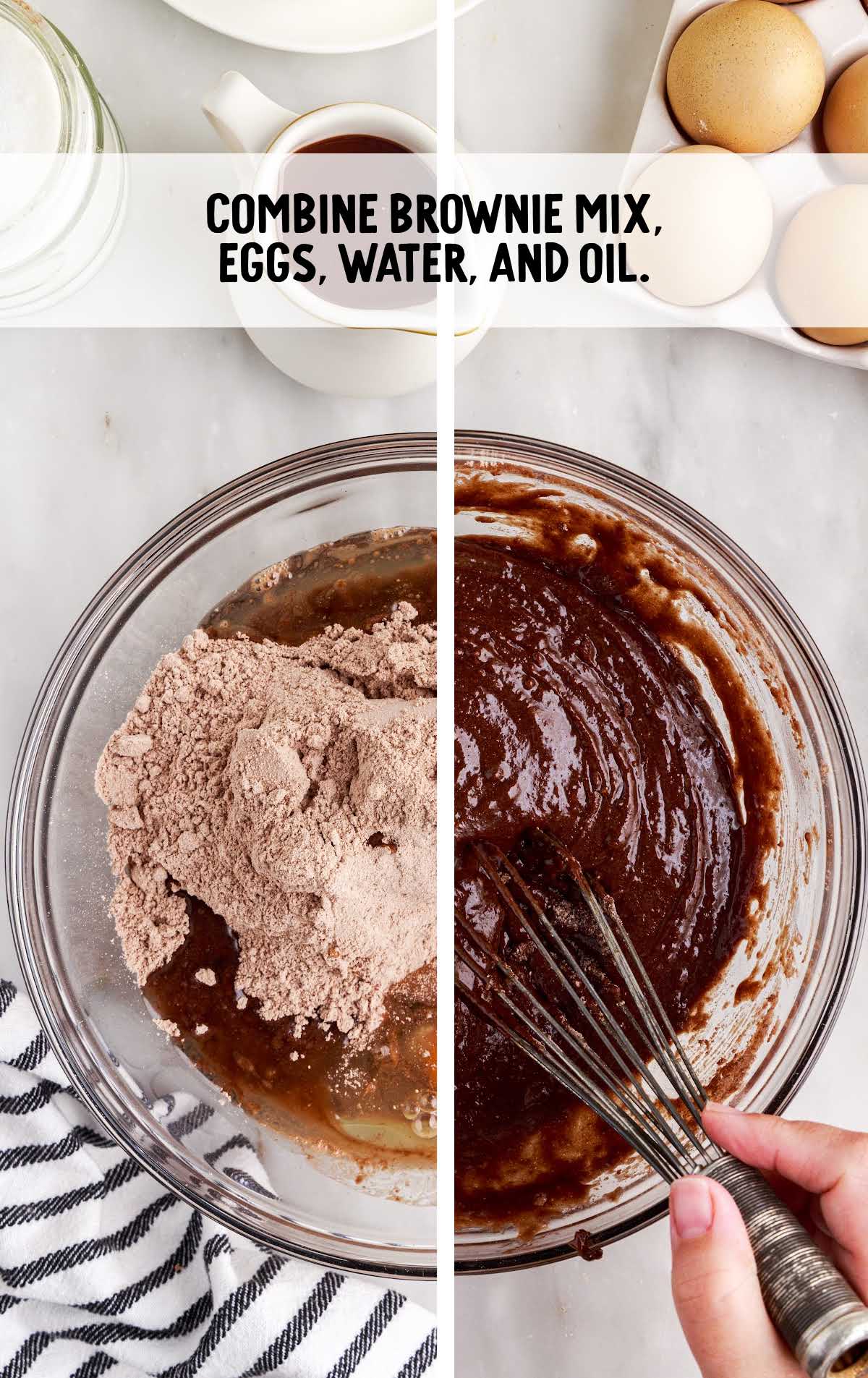 brownie mix, eggs water, and oil whisked together in a bowl