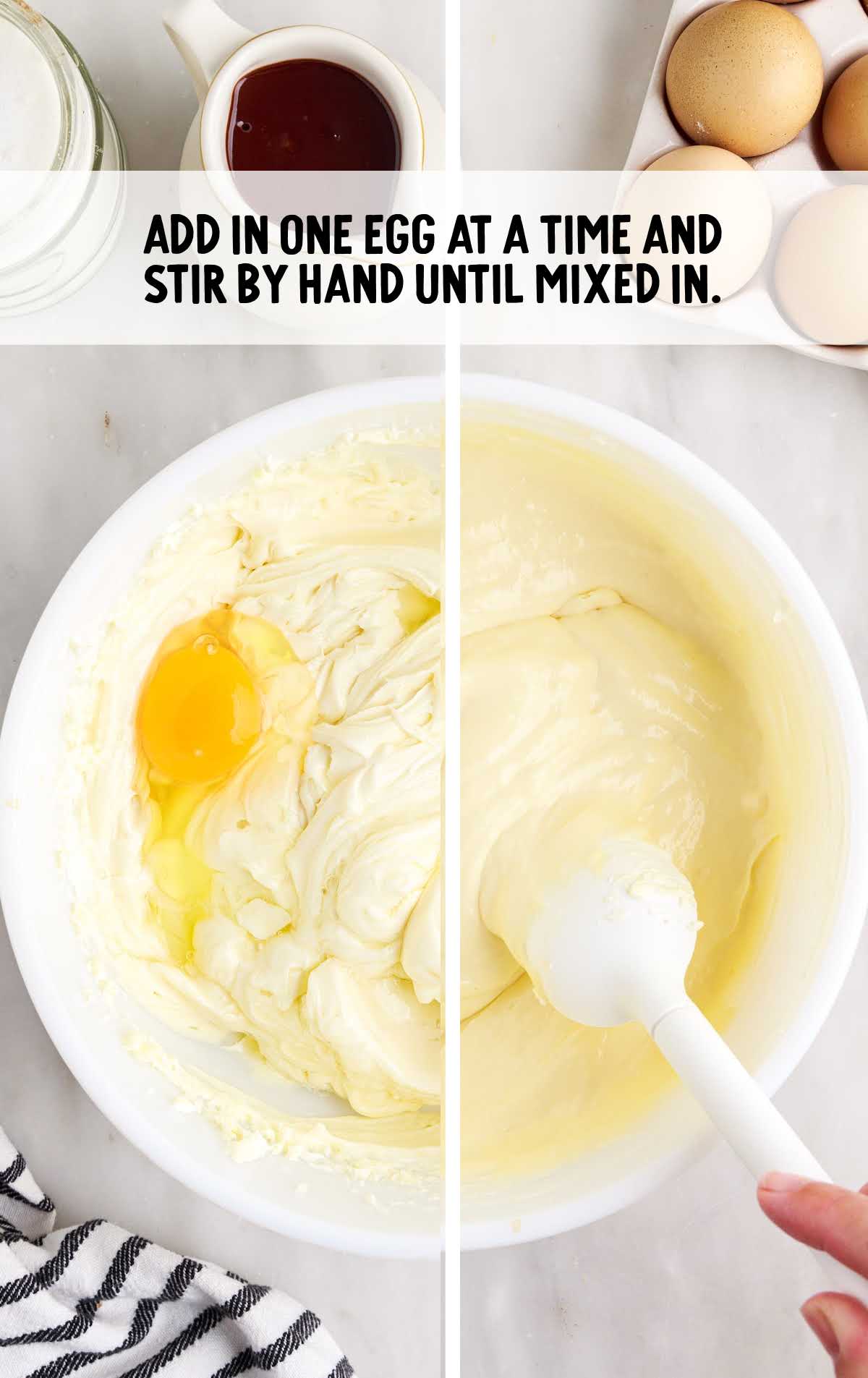 egg added to the cream cheese mixture and then folded in a bowl