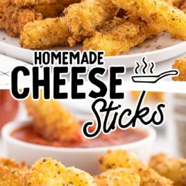 Cheese Sticks on a plate with marinara sauce and a close up of Cheese Sticks
