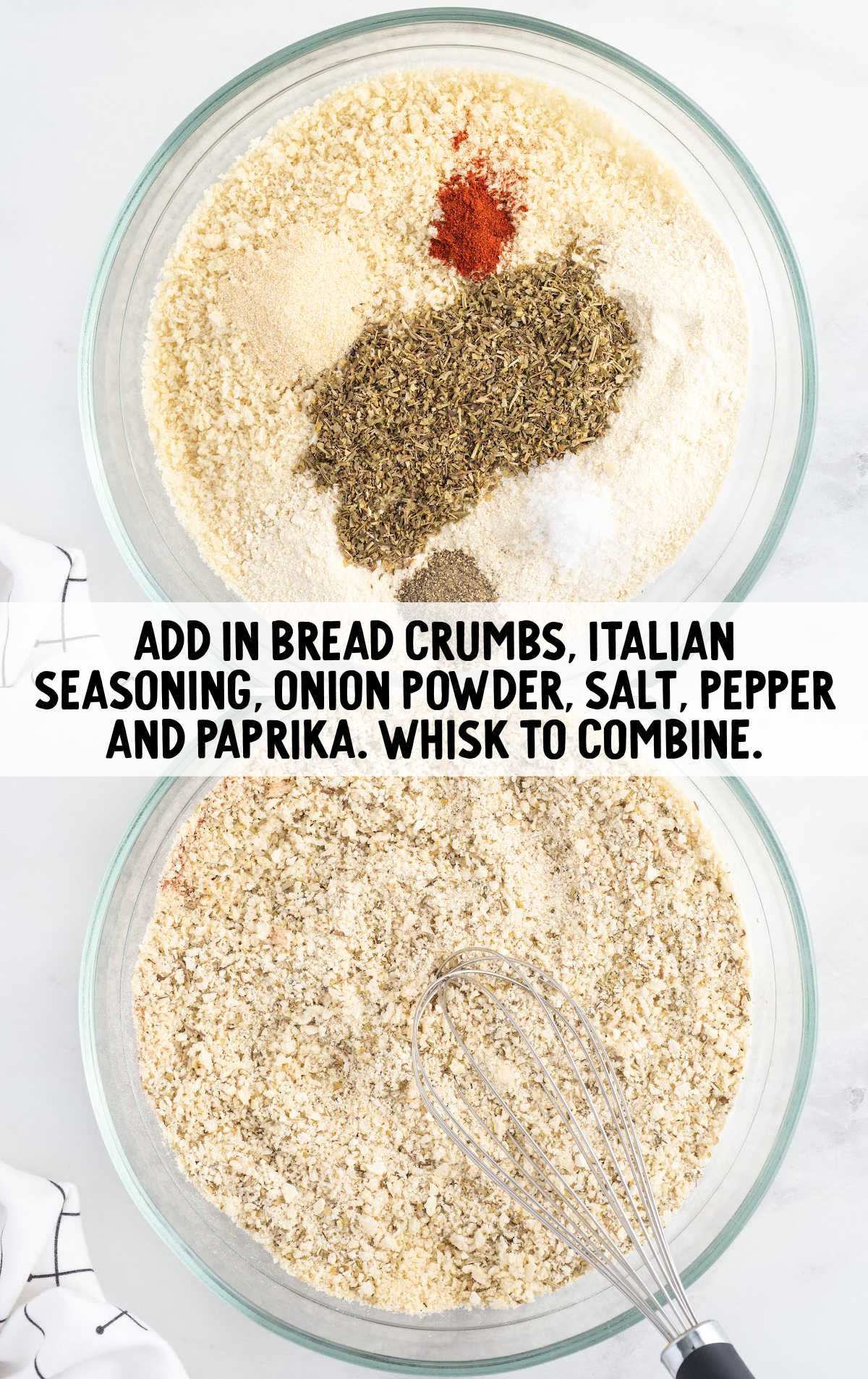 bread crumbs, Italian seasoning, onion powder, salt, pepper, and paprika whisked together in a bowl