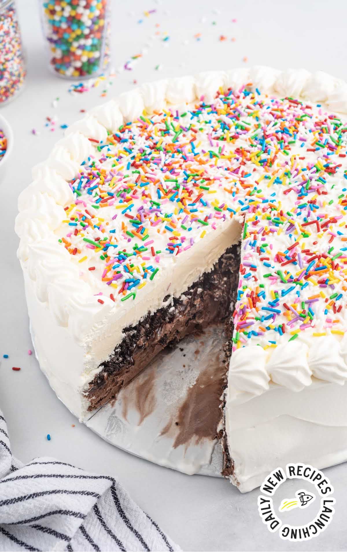 Copycat Dairy Queen Ice Cream Cake with a slice missing