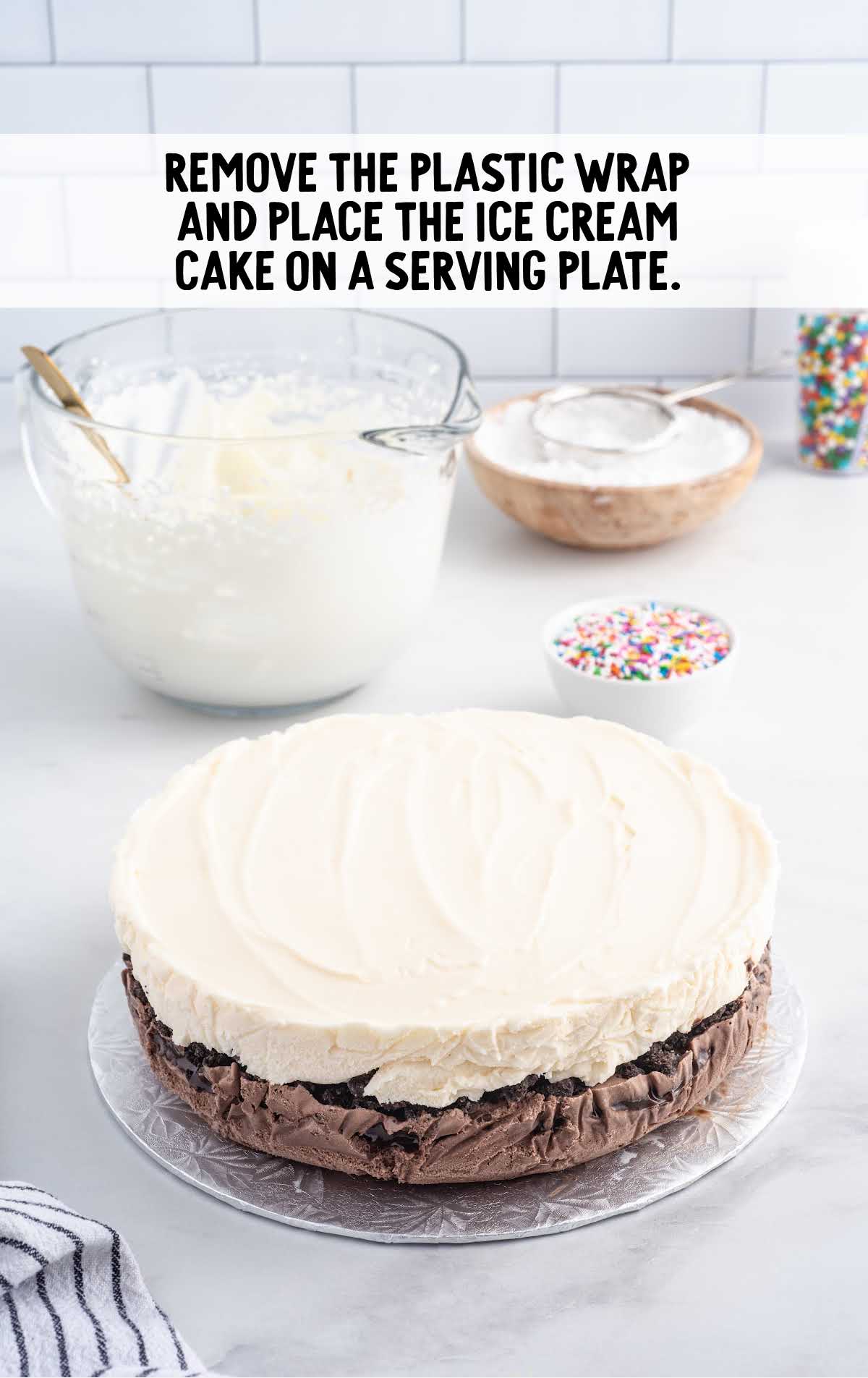 ice cream cake placed on a serving plate