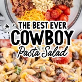 overhead shot of Cowboy Pasta Salad ingredients and a close up shot of Cowboy Pasta Salad
