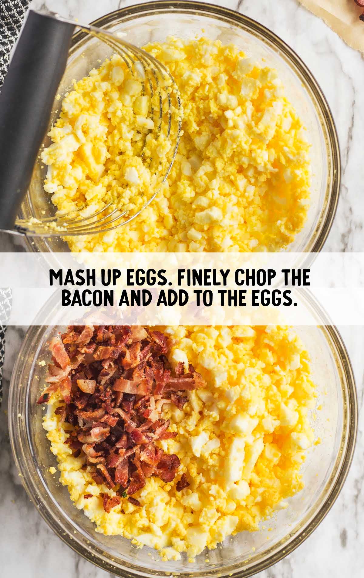 eggs mashed in a bowl and then bacon added