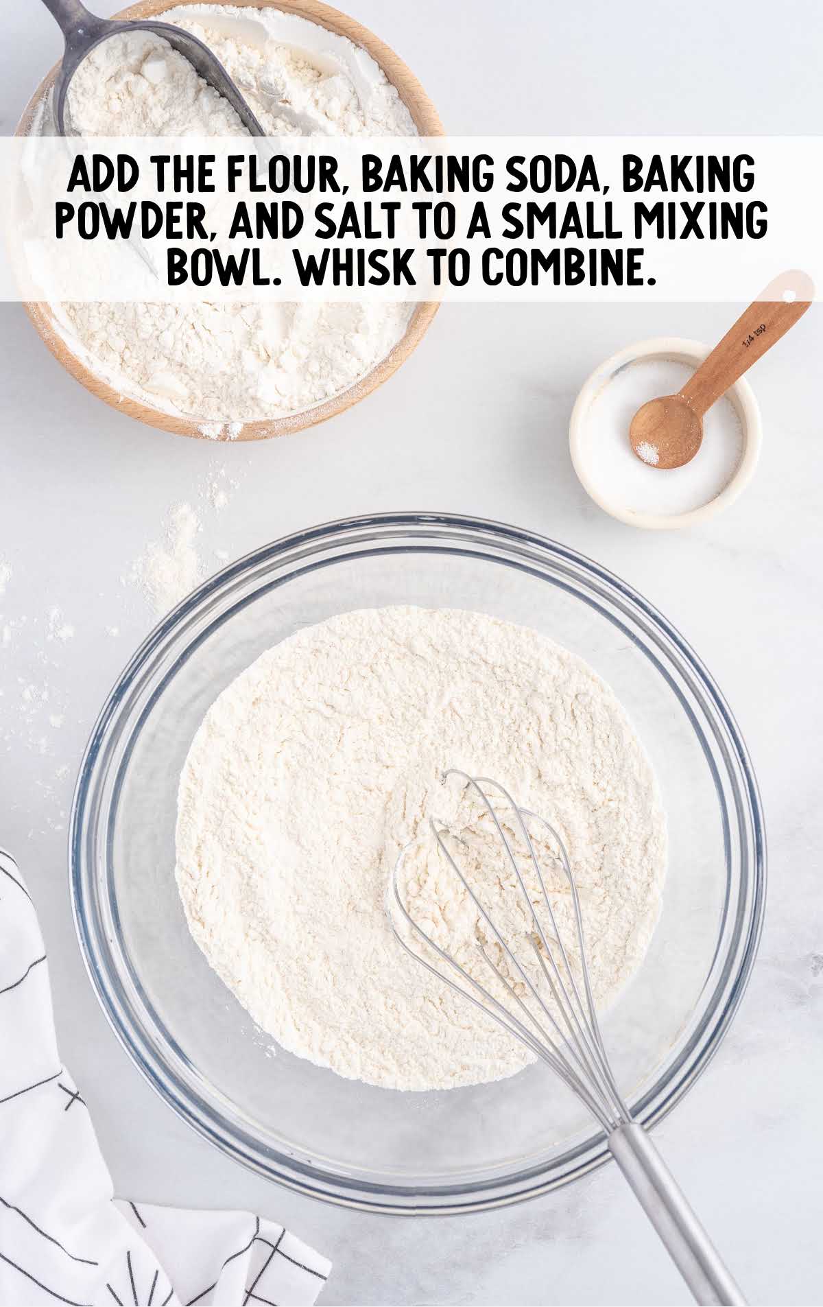 flour, baking soda, baking powder, and salt whisked together in a bowl