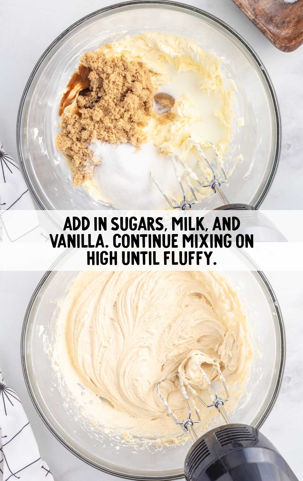 sugar, milk, and vanilla blended together with the butter and cream cheese mixture in a bowl