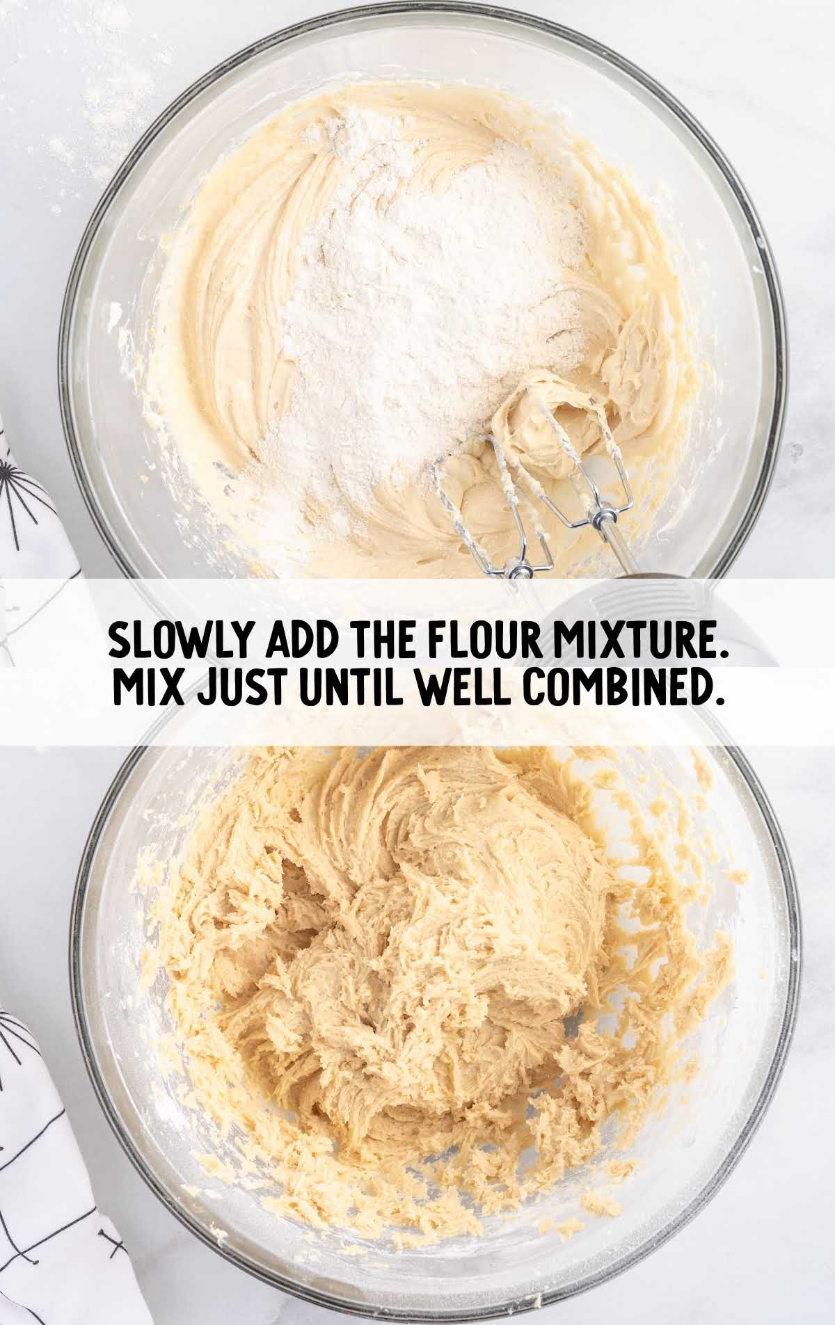 flour mixture added to the cookie dough batter in a bowl