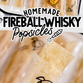 overhead shot of Fireball Whisky Popsicles with fireball bottle in a tray and a close up shot of Fireball Whisky Popsicles