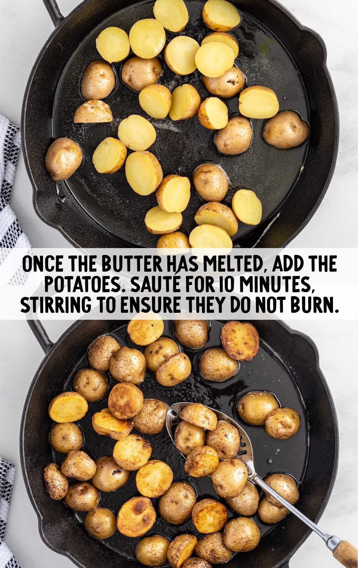 potatoes mixed with butter in a skillet