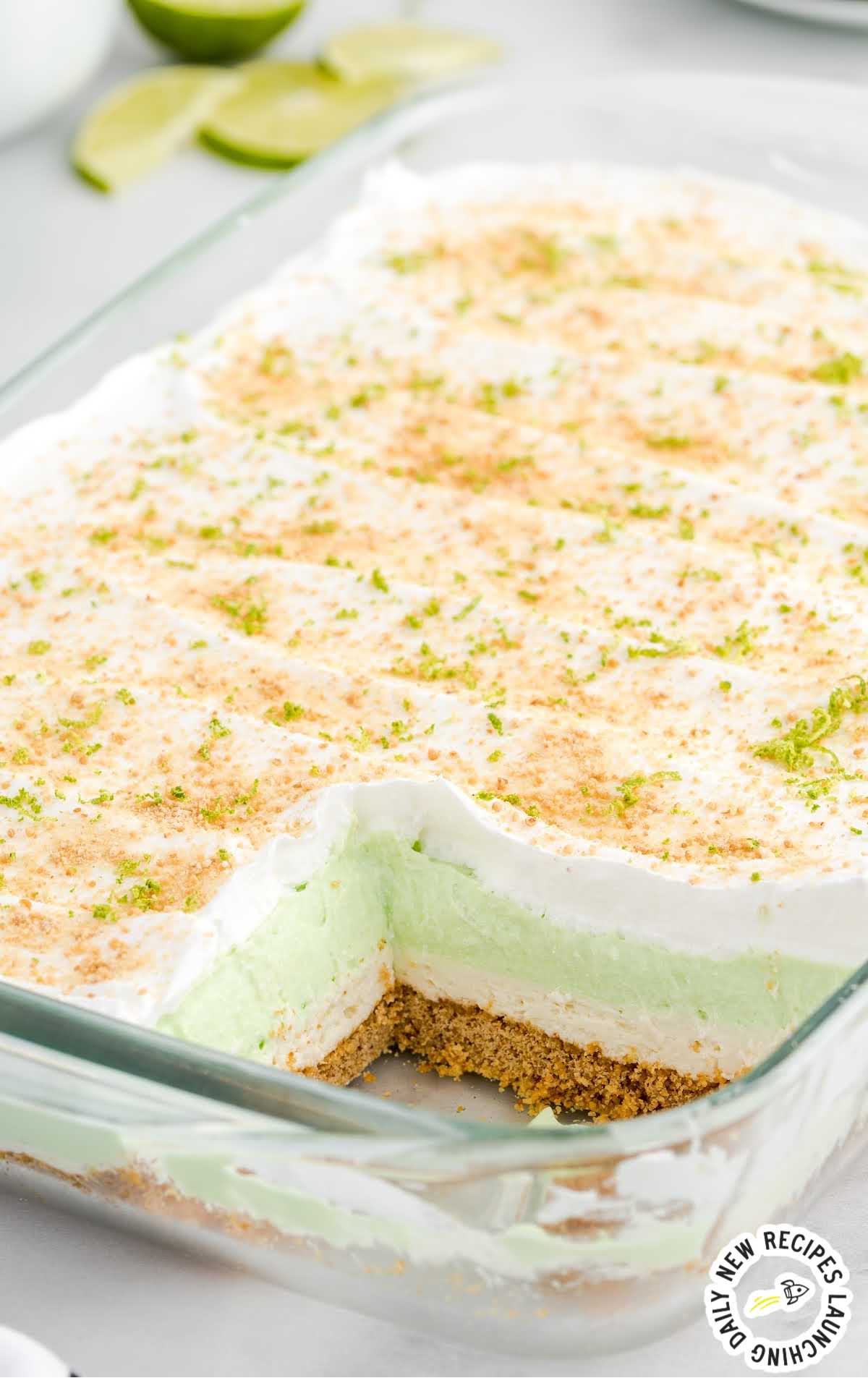 close up shot of Key Lime Pie Lasagna in a baking dish