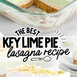 Key Lime Pie Lasagna in a baking dish with a piece missing and a slice of Key Lime Pie Lasagna on a plate