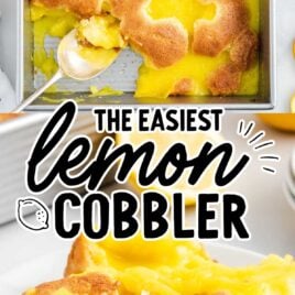 overhead shot of Lemon Cobbler with a spoon and a piece of Lemon Cobbler on a plate