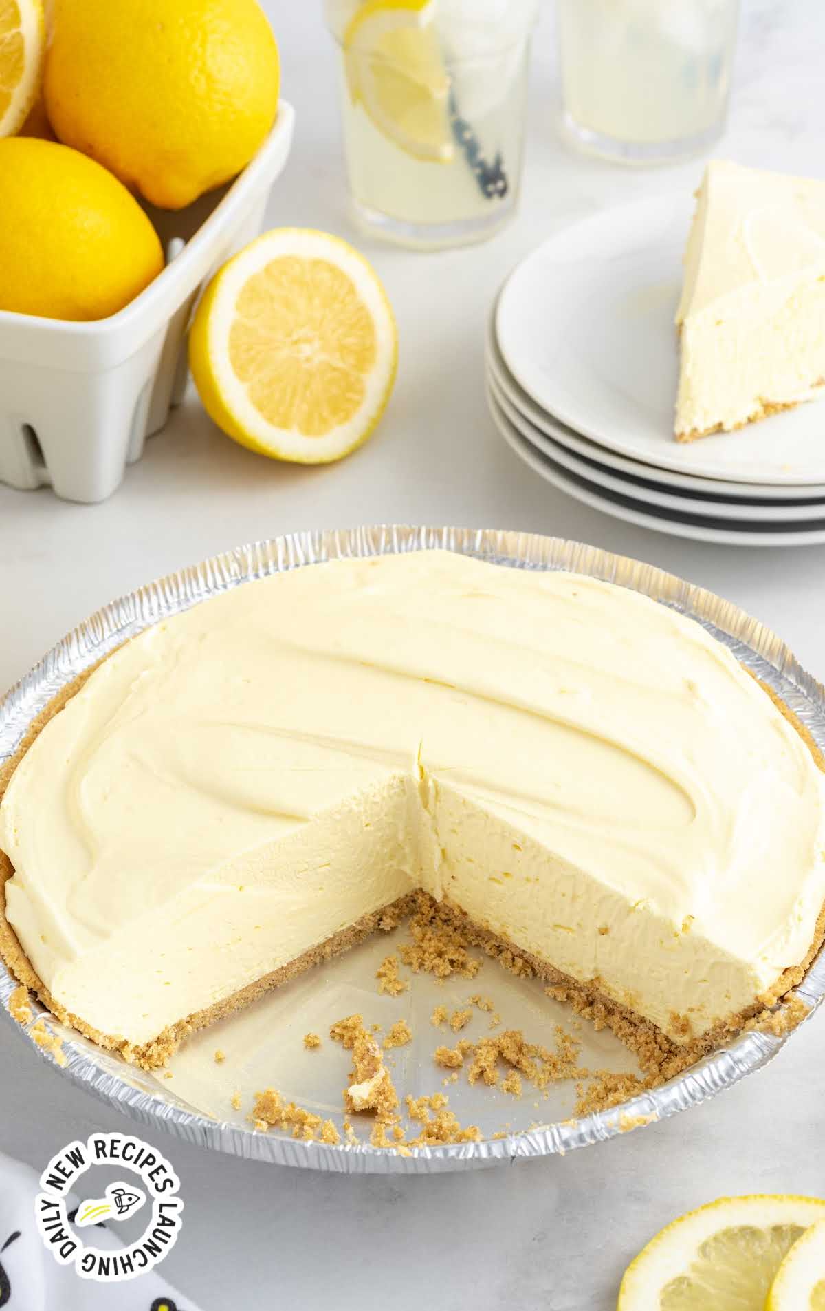 close up shot of Lemonade Pie with slices missing