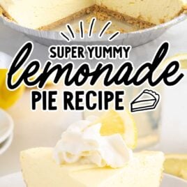 Lemonade Pie with slices missing on a pie dish and a close up shot of Lemonade Pie on a plate topped with whipped cream