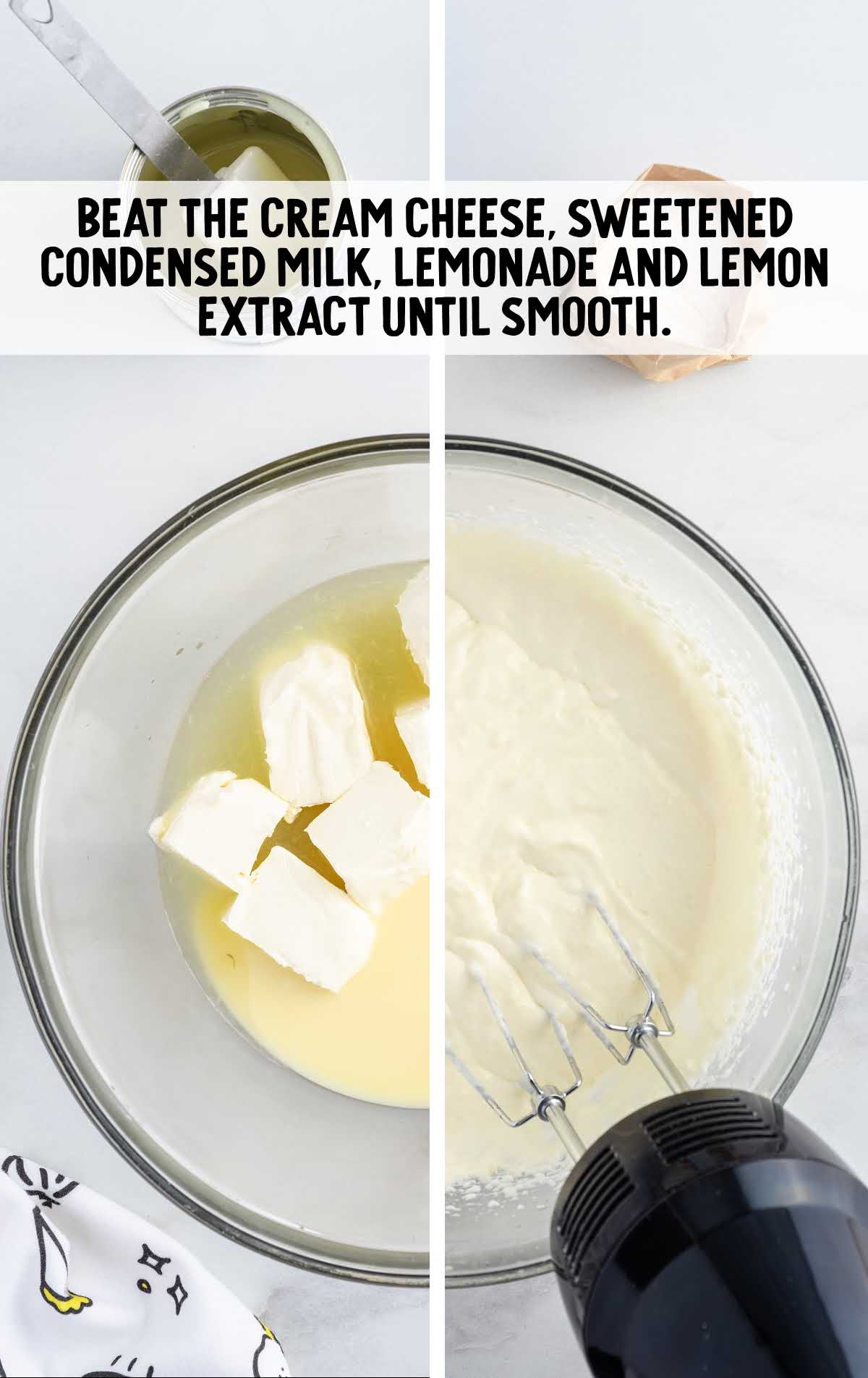 cream cheese, sweetened condense milk, lemonade and lemon extract blended in a bowl