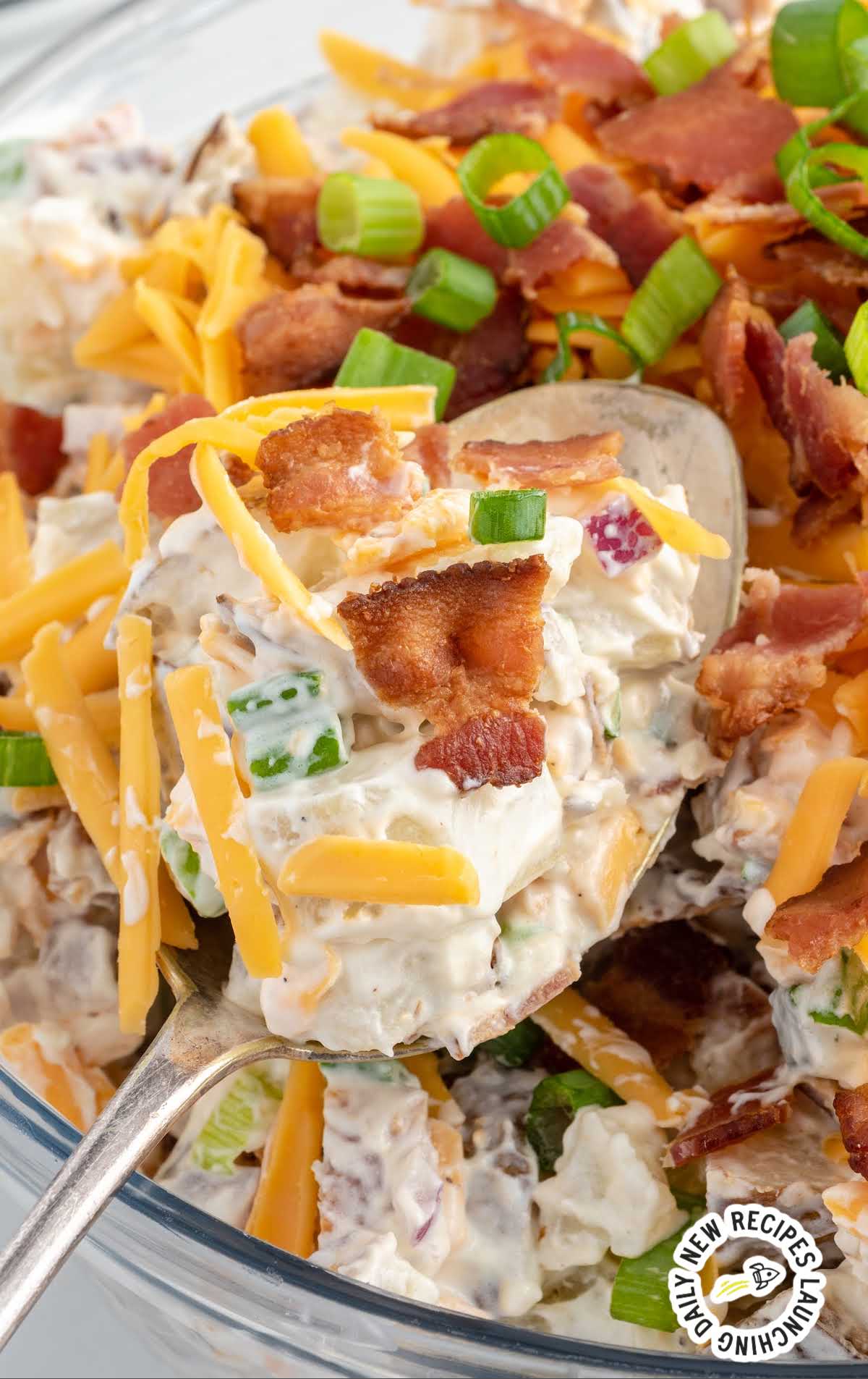 a close up shot of a spoon getting a piece of Loaded Baked Potato Salad
