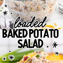 close up shot of Loaded Baked Potato Salad in a bowl and a spoon getting a piece of Loaded Baked Potato Salad