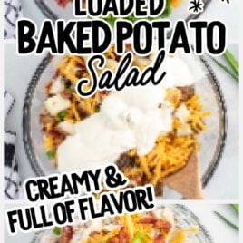 ingredients for Loaded Baked Potato Salad and overhead shot of Loaded Baked Potato Salad in a bowl
