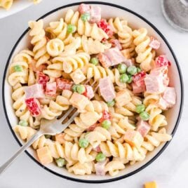 overhead shot of Loaded Pasta Salad in a bowl
