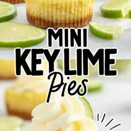 Mini Key Lime Pies topped with a slice of lime and a Mini Key Lime Pies with a bite taken out of it