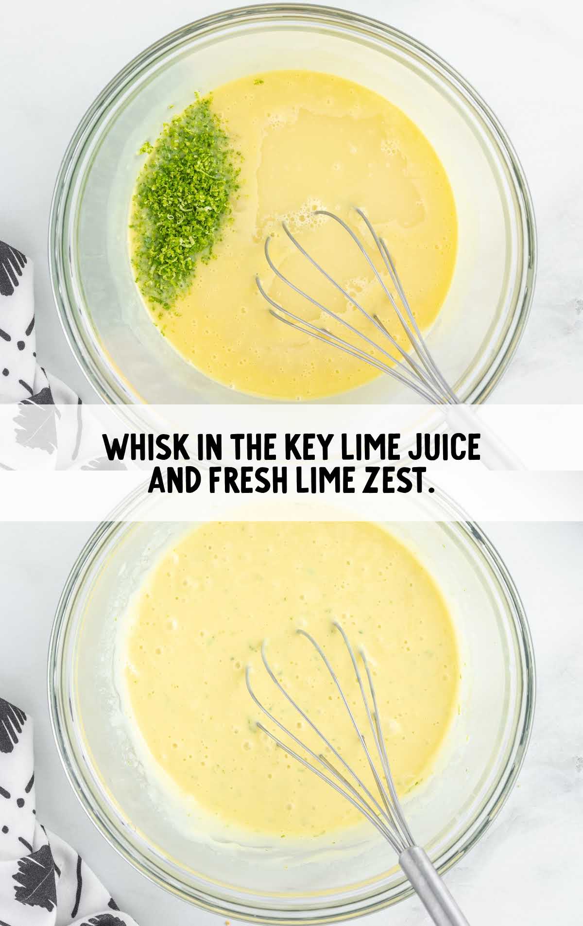 key lime juice and lime zest added to the egg yolk and milk mixture in a bowl and then whisked together