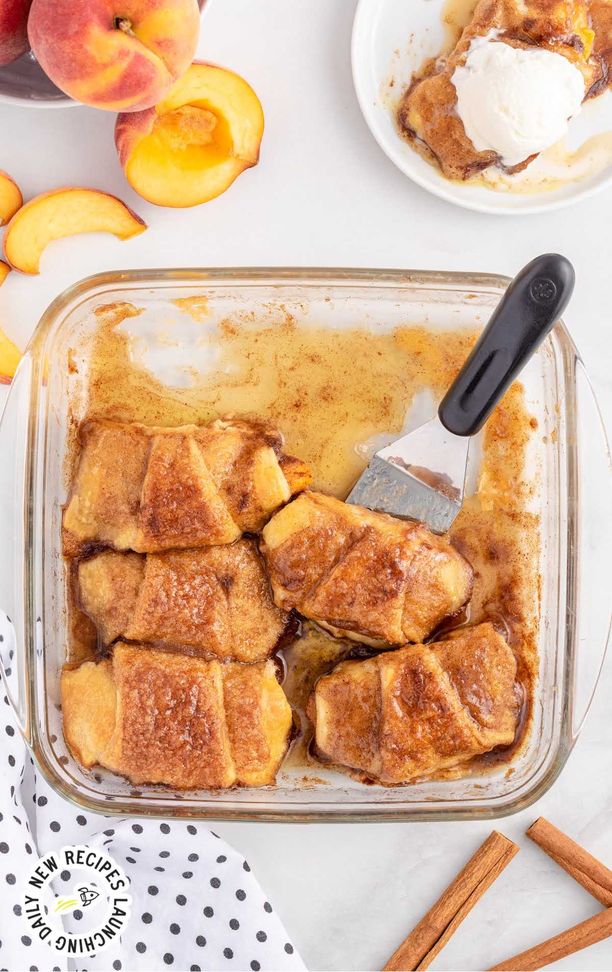 overhead shot of Peach Dumplings in a baking dish