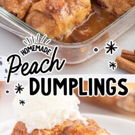 close up shot Peach Dumplings in a baking dish and a slice of Peach Dumpling on a plate topped with ice cream