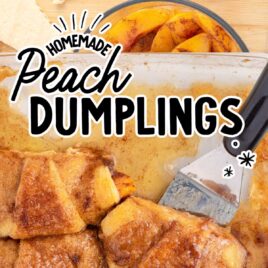 Peach Dumplings picked up by a spatula and crescent dough and peaches on a wooden board