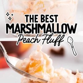 Peach Fluff in a cup and a spoonful of Peach Fluff with Peach Fluff in a bowl