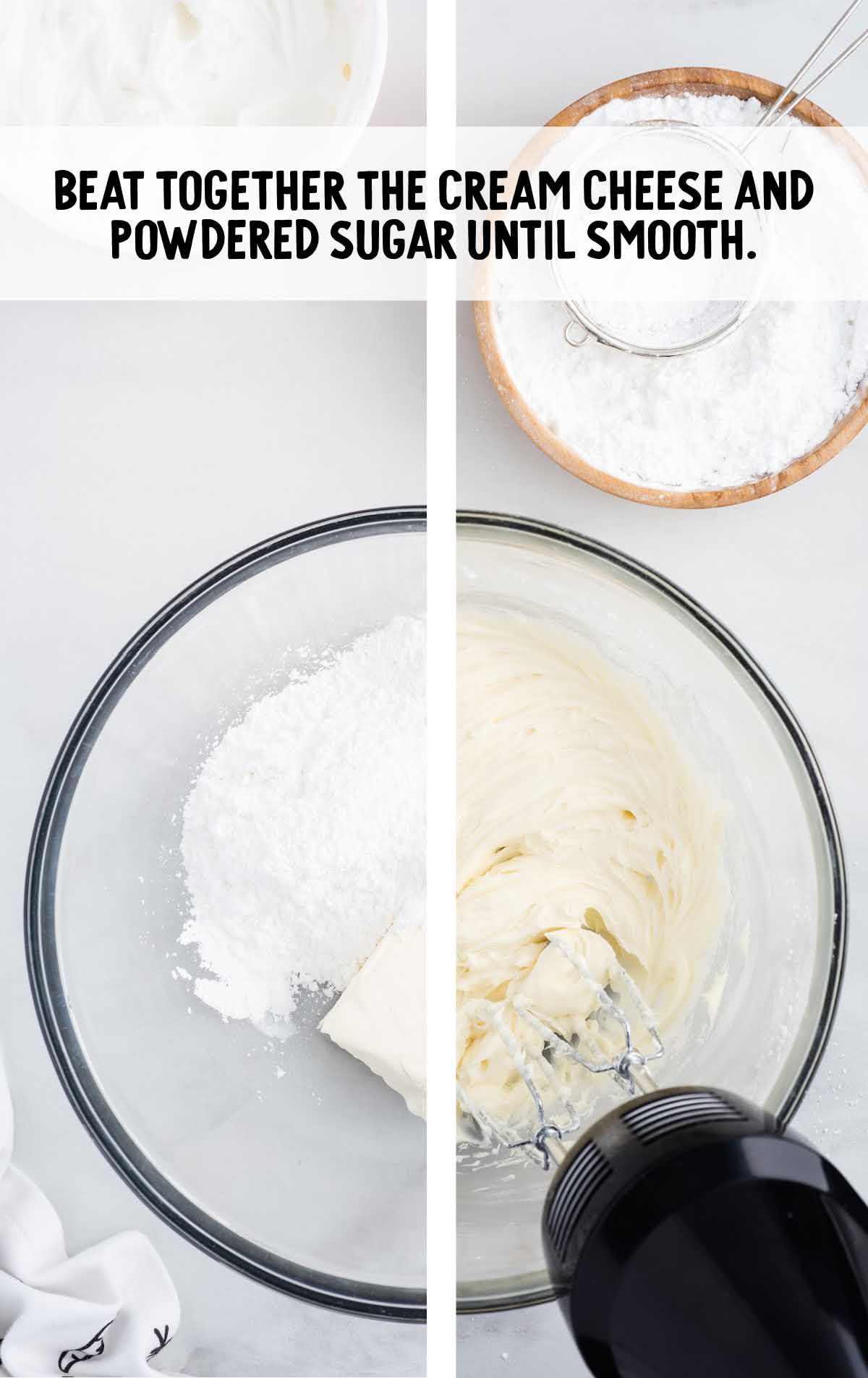 powdered sugar and cream cheese poured into a bowl and then blended together in a bowl